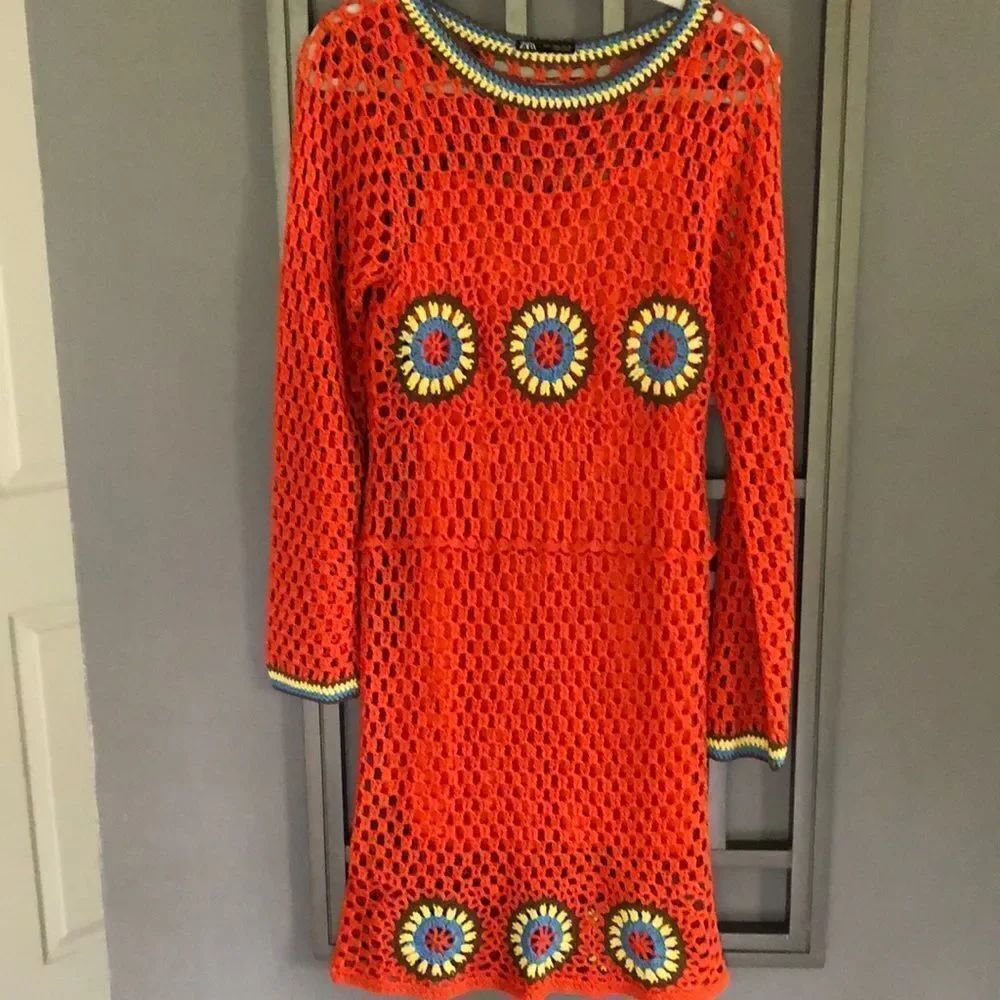 Zara Orange crochet mod looking dress. L